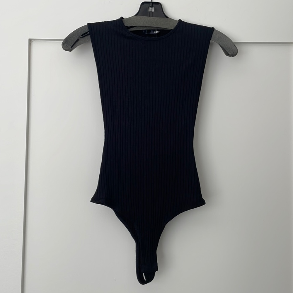 Aqua Side Slit Ribbed Black Thong Bodysuit - S